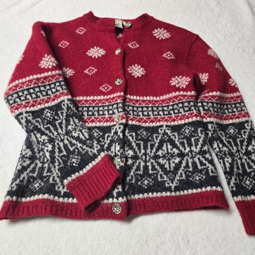 Vtg‎ Eddie Bauer Fair Isle Cardigan Sweater Womens Wool Alpaca Red Petite S...